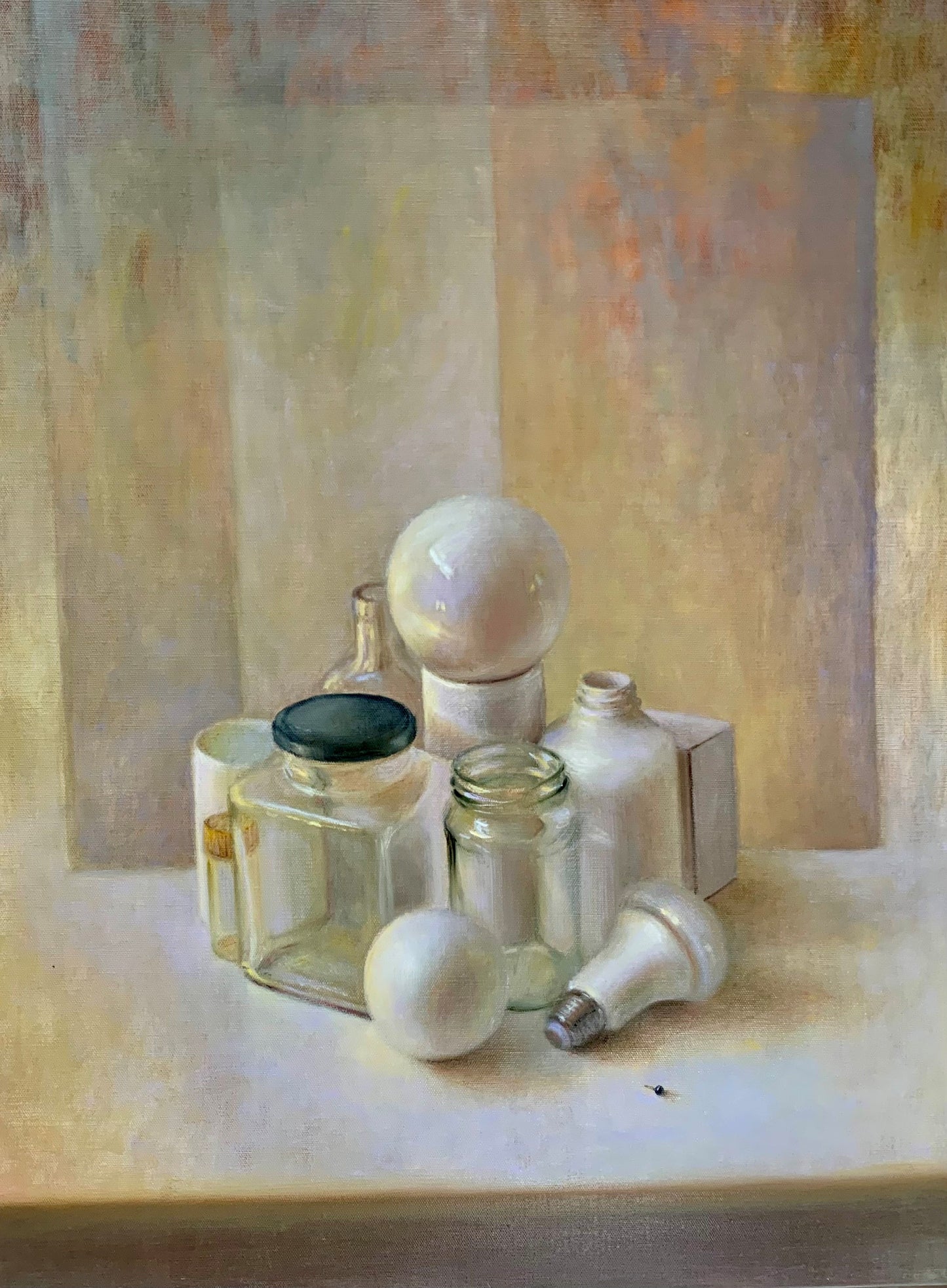 Still Life, Jars, and bulbs, pastel coulours, Oil on Belgian Linen